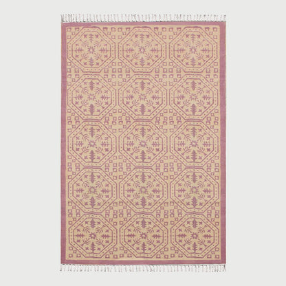 trendy Thread Work Geometric Pink Beige Outdoor Cotton Dhurries - Indian Rug Store