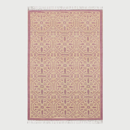 trendy Thread Work Geometric Pink Beige Outdoor Cotton Dhurries - Indian Rug Store