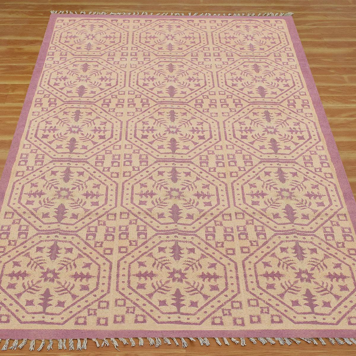 trendy Thread Work Geometric Pink Beige Outdoor Cotton Dhurries - Indian Rug Store