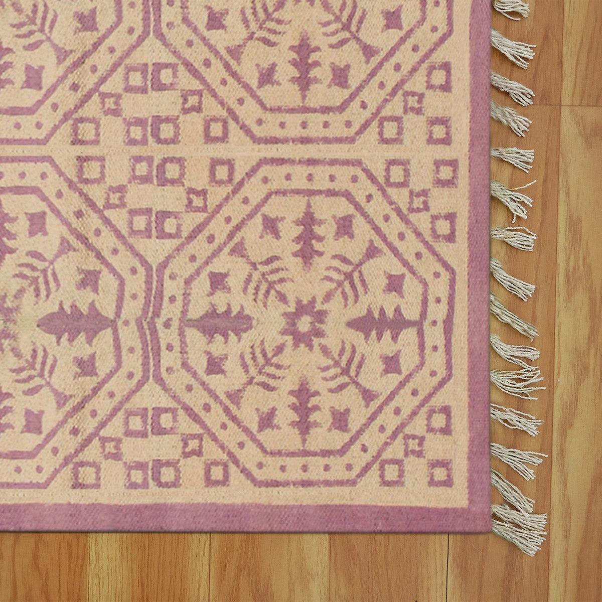 trendy Thread Work Geometric Pink Beige Outdoor Cotton Dhurries - Indian Rug Store