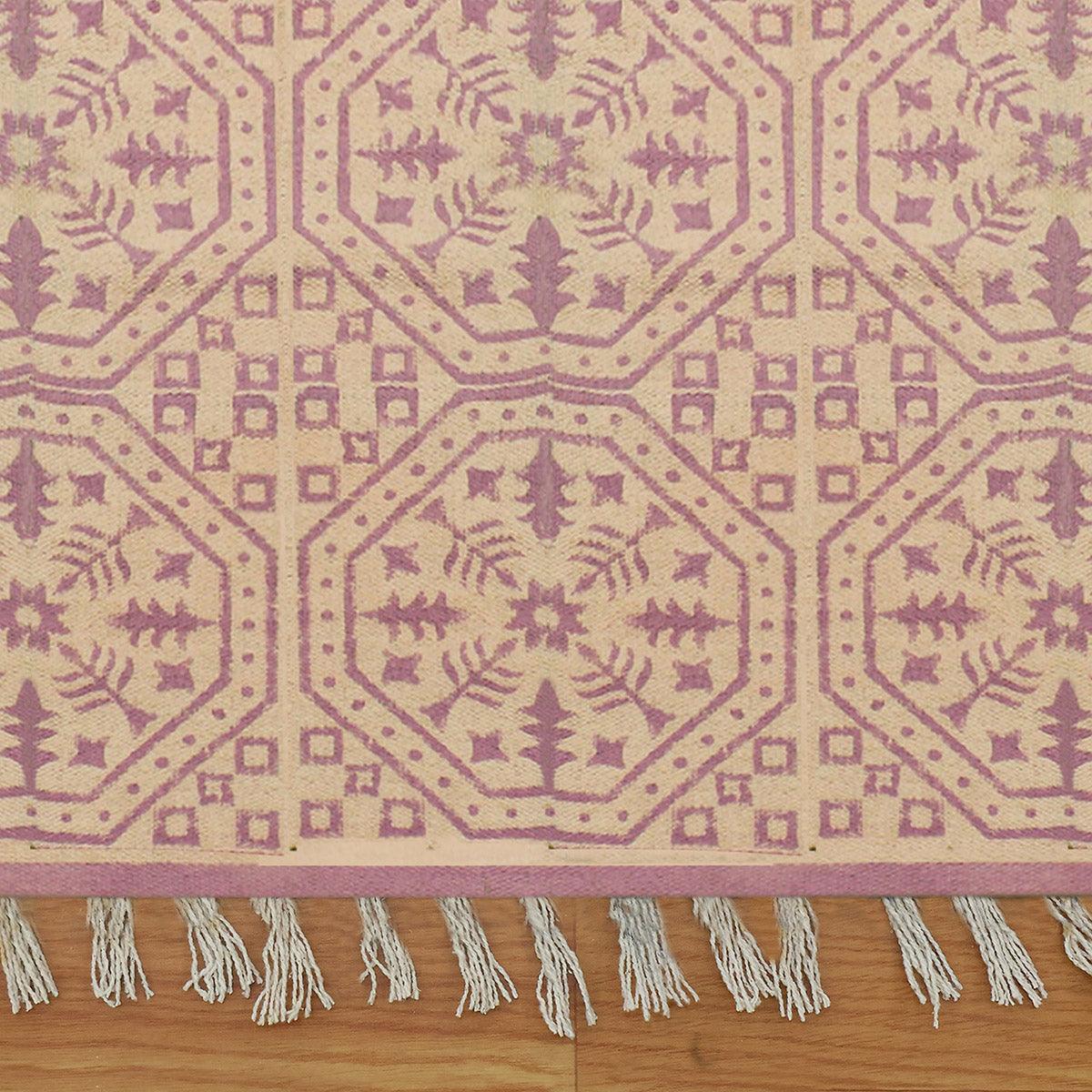 trendy Thread Work Geometric Pink Beige Outdoor Cotton Dhurries - Indian Rug Store