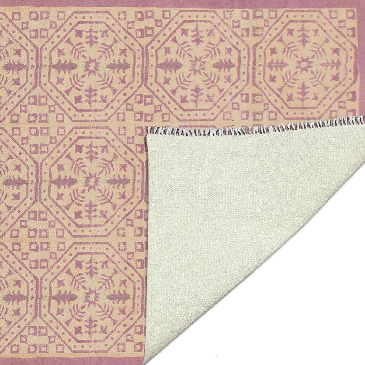 trendy Thread Work Geometric Pink Beige Outdoor Cotton Dhurries - Indian Rug Store