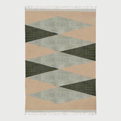 Attractive Thread Work Geometric Green Beige Home Decor Cotton Dhurries - Indian Rug Store