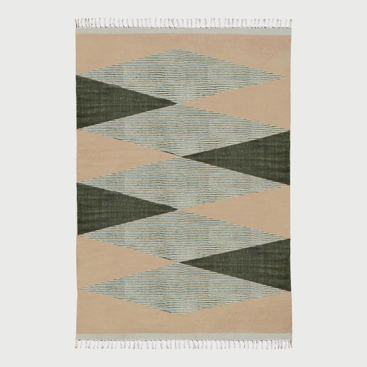 Attractive Thread Work Geometric Green Beige Home Decor Cotton Dhurries - Indian Rug Store