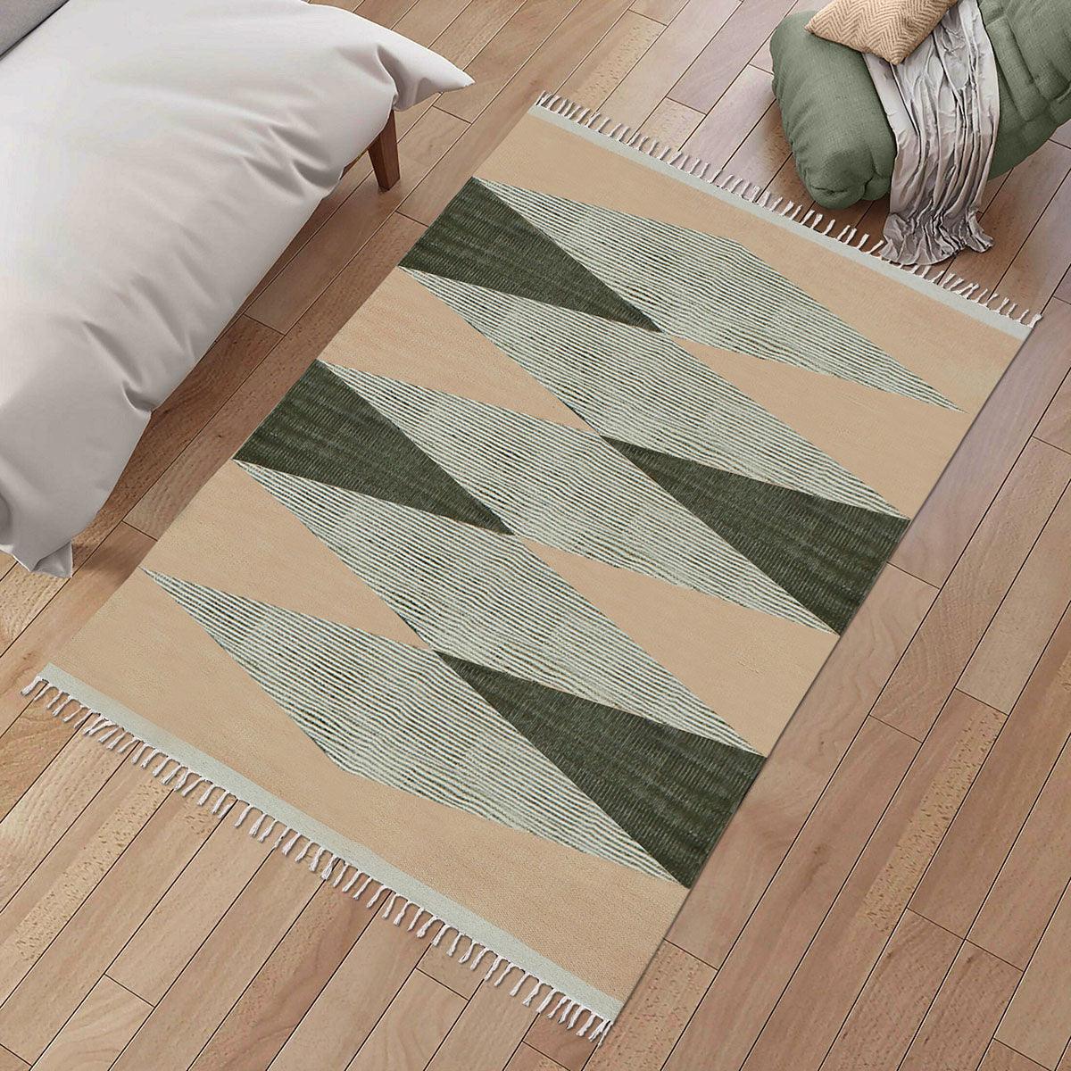 Attractive Thread Work Geometric Green Beige Home Decor Cotton Dhurries - Indian Rug Store