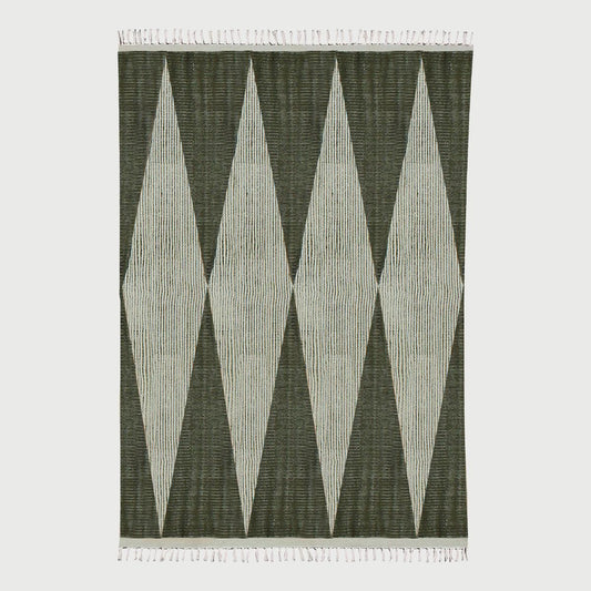 Trendy Thread Work Geometric Green Beige Indoor Cotton Dhurries - Indian Rug Store