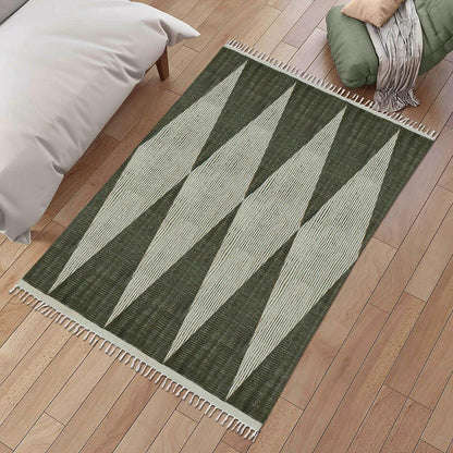 Trendy Thread Work Geometric Green Beige Indoor Cotton Dhurries - Indian Rug Store