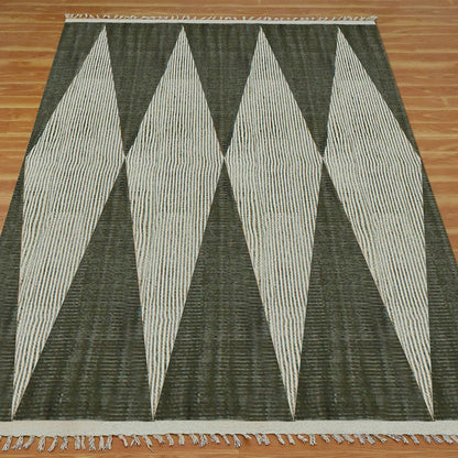 Trendy Thread Work Geometric Green Beige Indoor Cotton Dhurries - Indian Rug Store