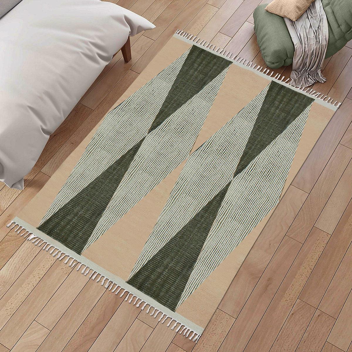 Beautiful Thread Work Geometric Green Beige Entrance Cotton Dhurries - Indian Rug Store