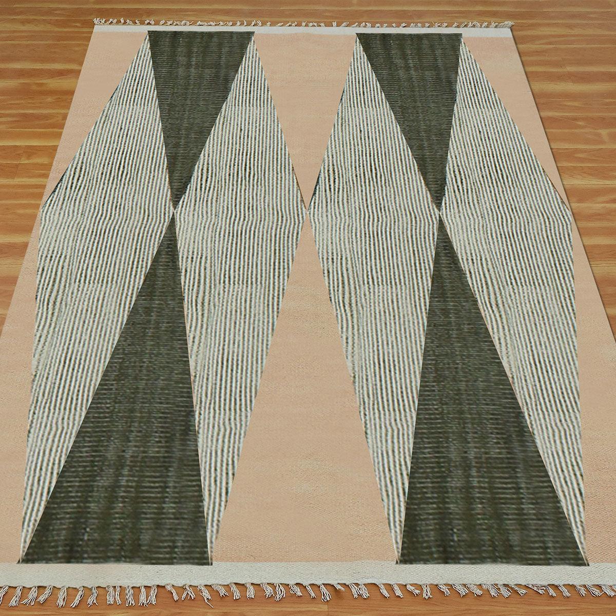 Beautiful Thread Work Geometric Green Beige Entrance Cotton Dhurries - Indian Rug Store