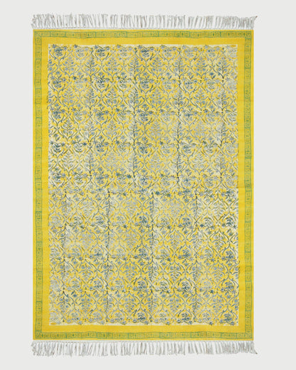 Hand Block Printed Yellow Bedroom Decor Cotton Dhurries