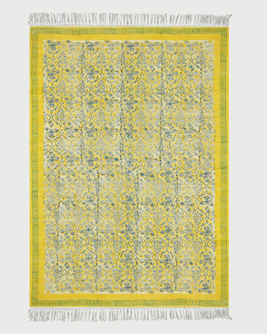 Hand Block Printed Yellow Bedroom Decor Cotton Dhurries