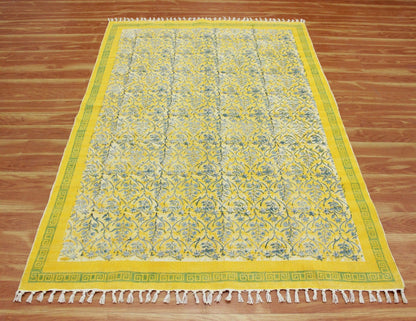 Hand Block Printed Yellow Bedroom Decor Cotton Dhurries