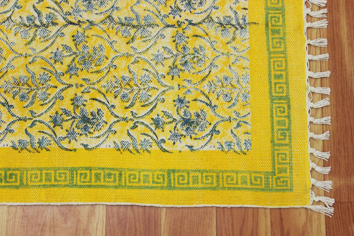 Hand Block Printed Yellow Bedroom Decor Cotton Dhurries