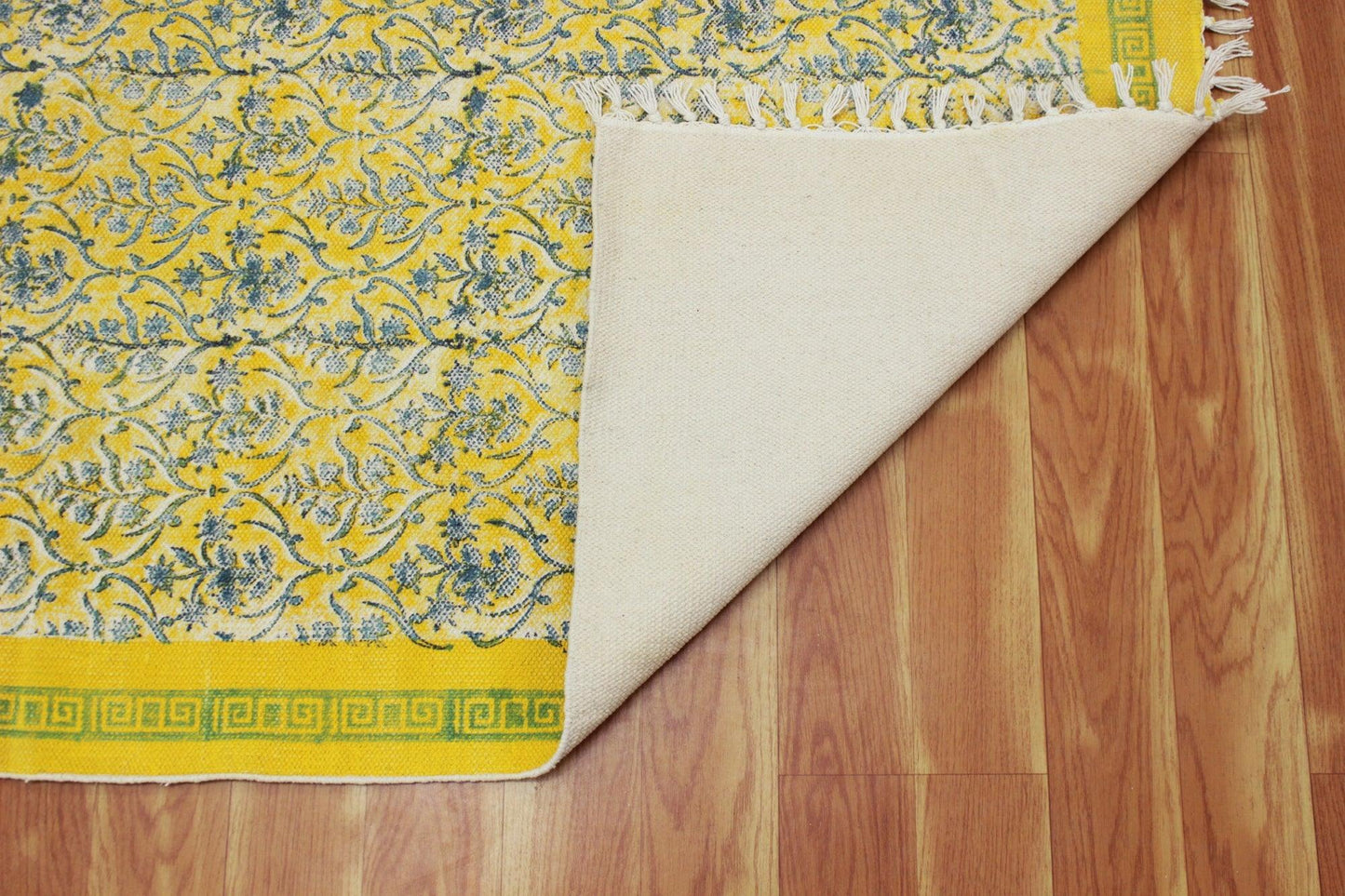 Hand Block Printed Yellow Bedroom Decor Cotton Dhurries