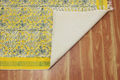 Hand Block Printed Yellow Bedroom Decor Cotton Dhurries