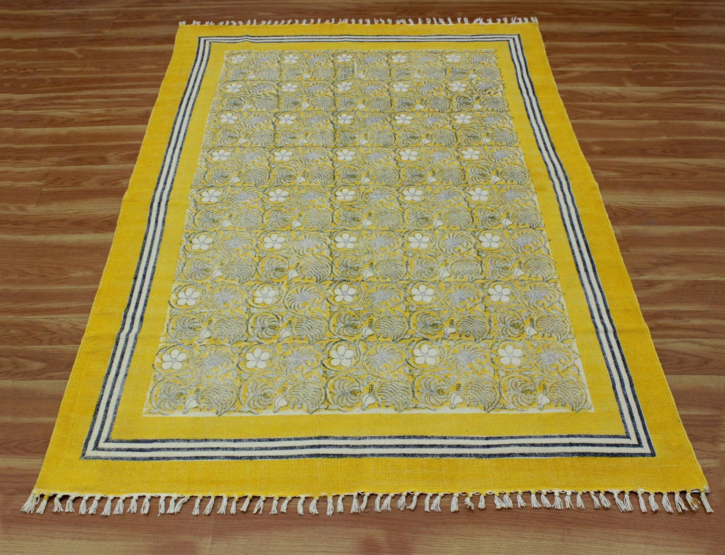 Hand Block Printed Beige Home Decor Cotton Dhurries