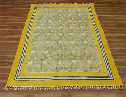 Hand Block Printed Beige Home Decor Cotton Dhurries