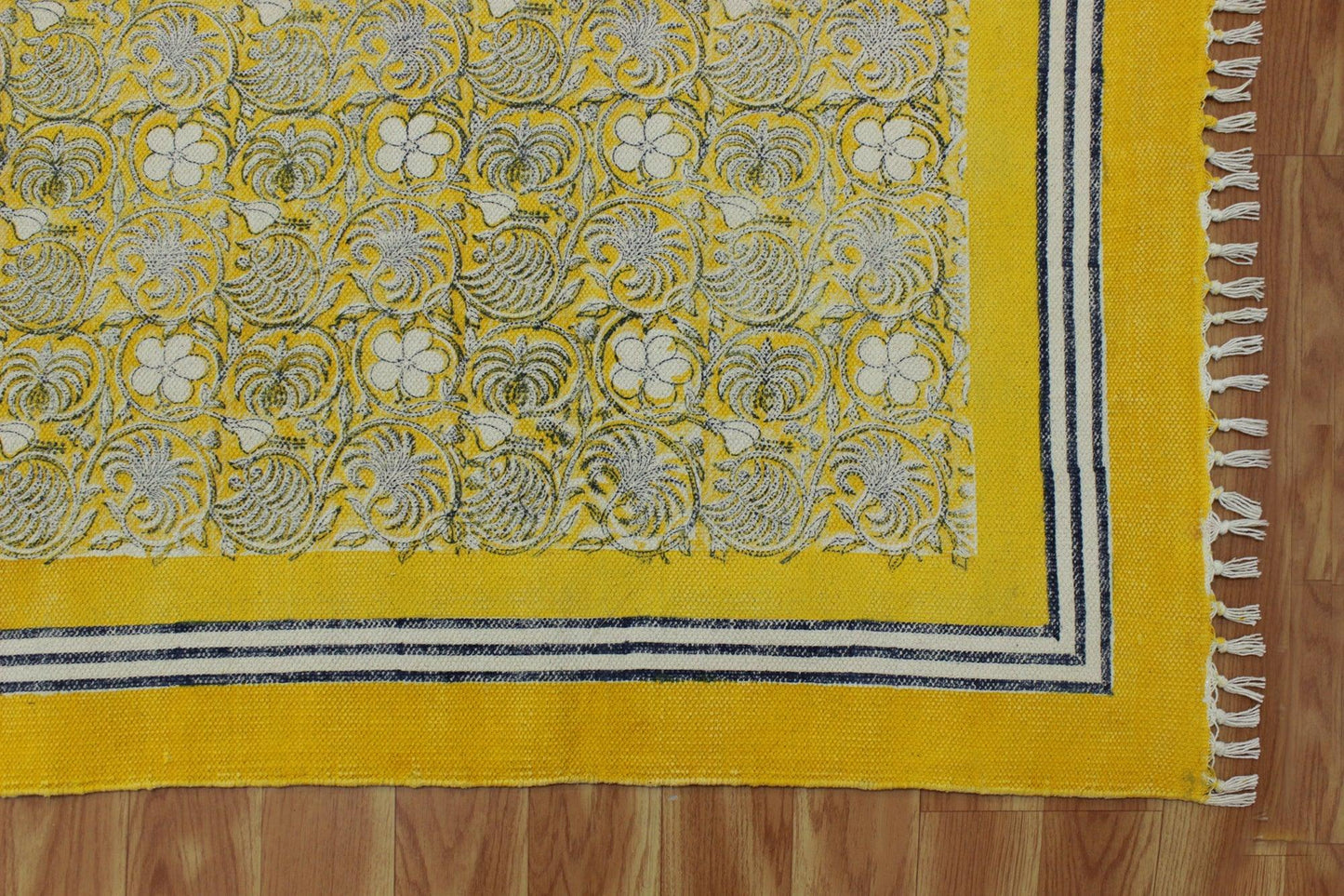 Hand Block Printed Beige Home Decor Cotton Dhurries