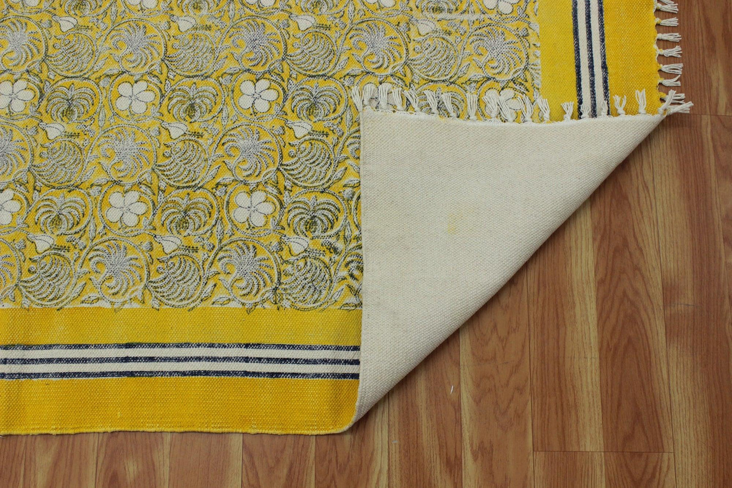 Hand Block Printed Beige Home Decor Cotton Dhurries