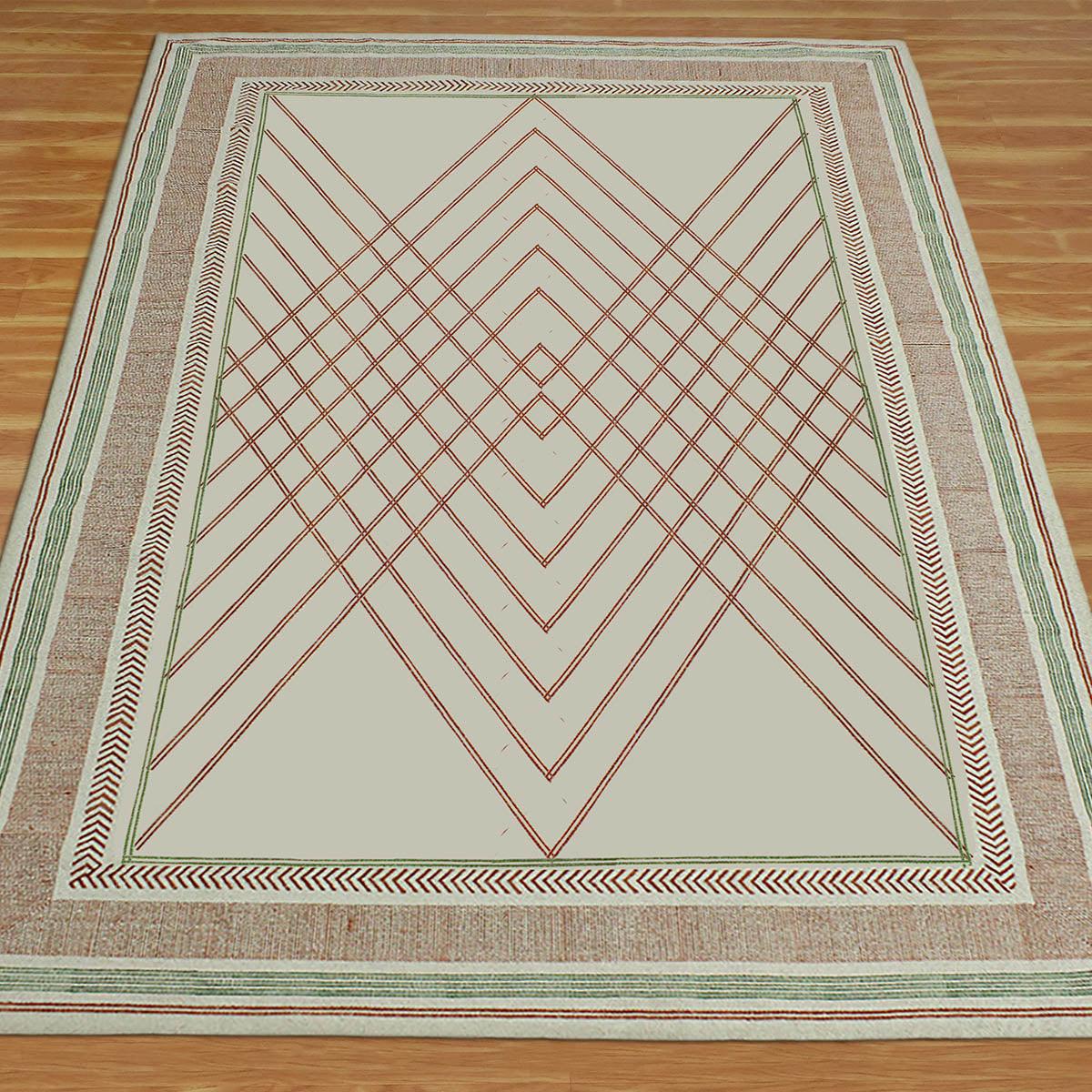 Thread Work Geometric Brown Beige Entrance Cotton Dhurries - Indian Rug Store