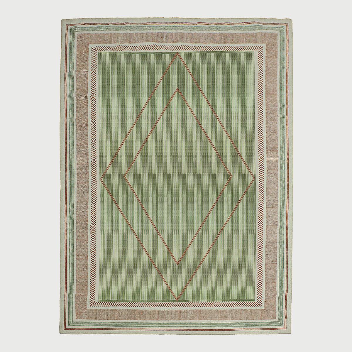 Thread Work Geometric Brown Green Indoor Cotton Dhurries - Indian Rug Store