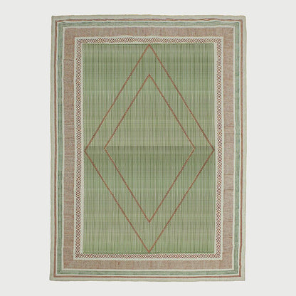 Thread Work Geometric Brown Green Indoor Cotton Dhurries - Indian Rug Store