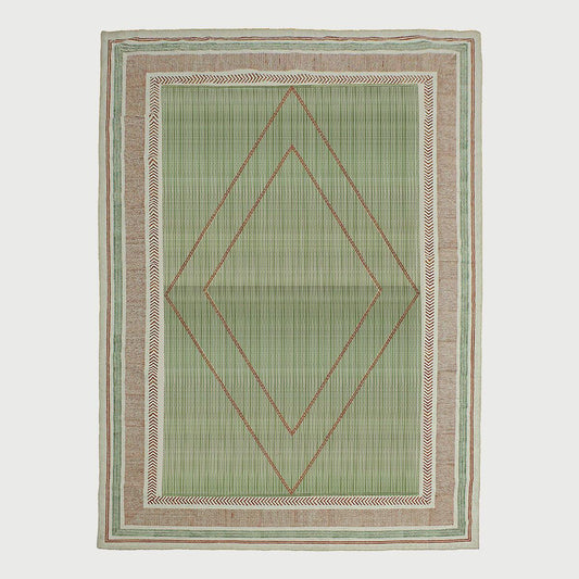 Thread Work Geometric Brown Green Indoor Cotton Dhurries - Indian Rug Store