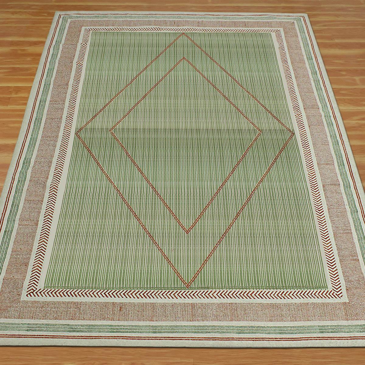 Thread Work Geometric Brown Green Indoor Cotton Dhurries - Indian Rug Store