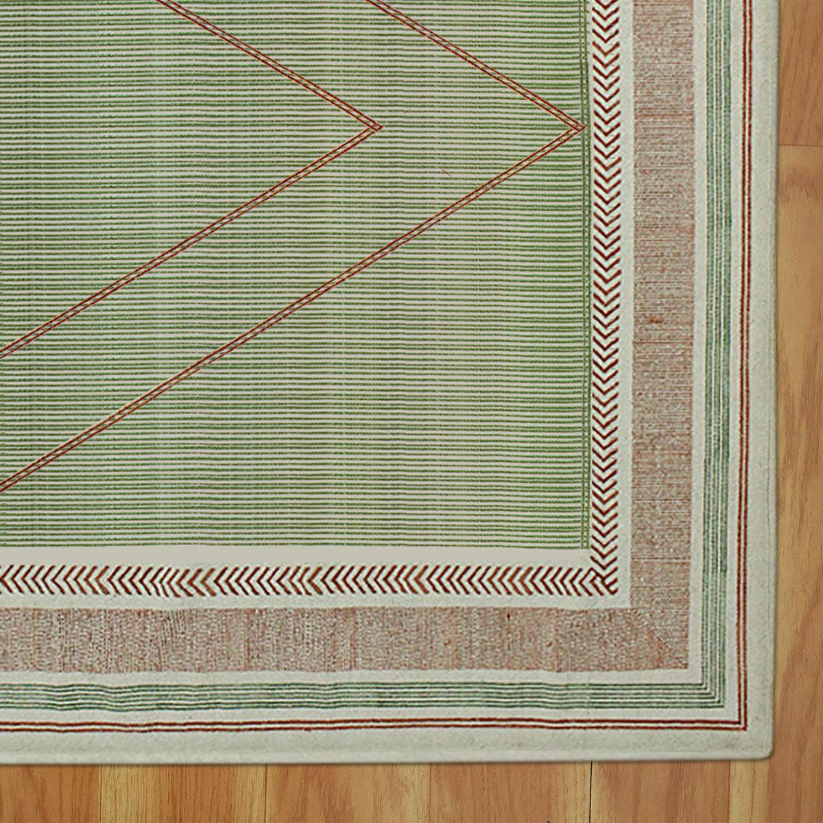 Thread Work Geometric Brown Green Indoor Cotton Dhurries - Indian Rug Store