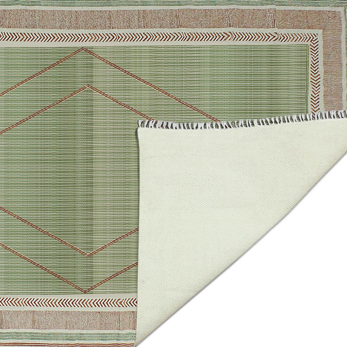 Thread Work Geometric Brown Green Indoor Cotton Dhurries - Indian Rug Store