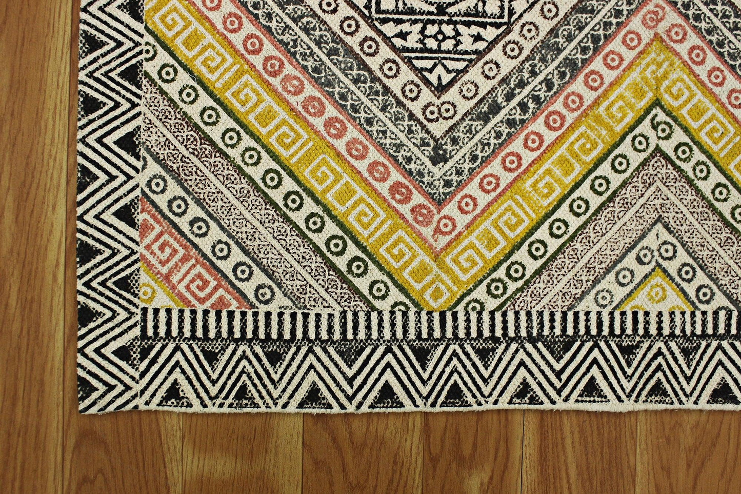 Yellow Black Hand Block Printed Interior Cotton Dhurrie