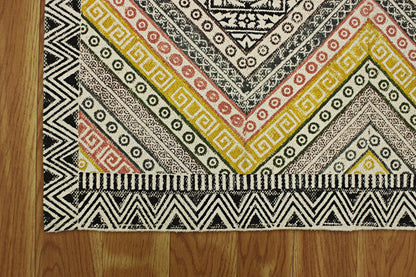 Yellow Black Hand Block Printed Interior Cotton Dhurrie