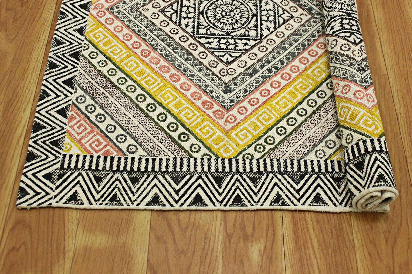 Yellow Black Hand Block Printed Interior Cotton Dhurrie