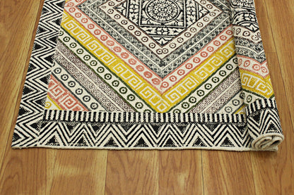 Yellow Black Hand Block Printed Interior Cotton Dhurrie