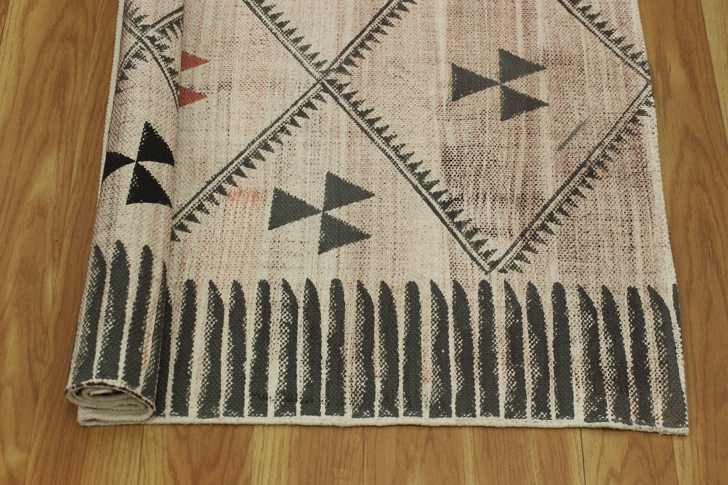 Black Beige Entrance Hand Block Printed Cotton Dhurrie