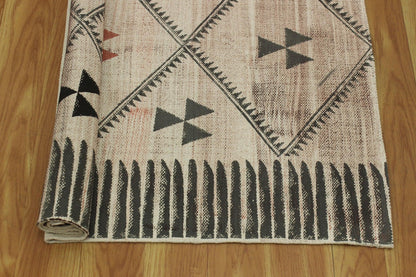 Black Beige Entrance Hand Block Printed Cotton Dhurrie