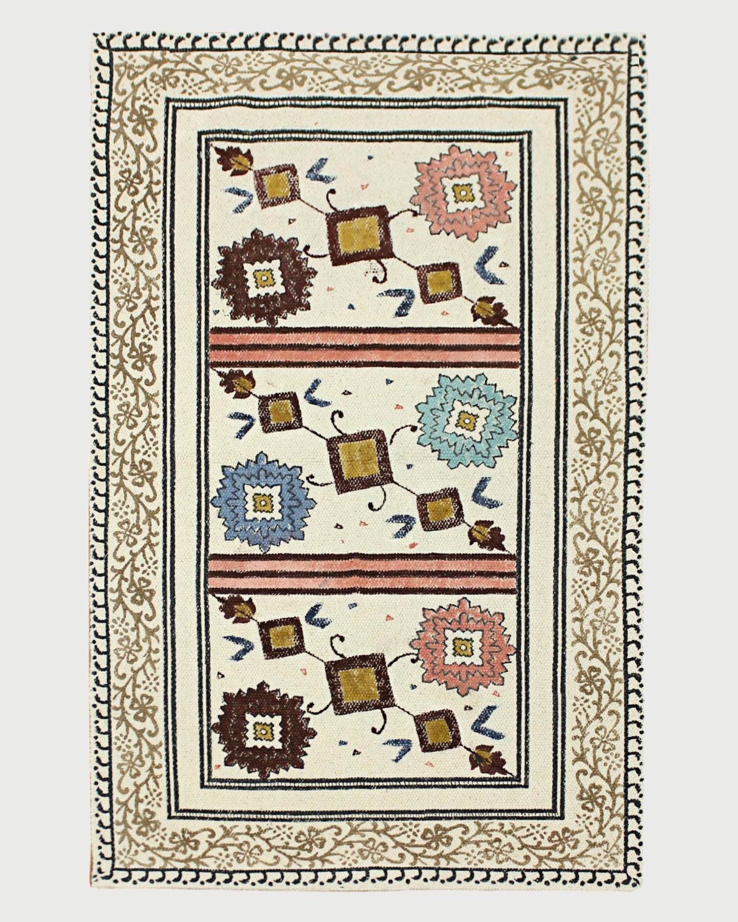 Outhouse Hand Block Printed Beige Brown Cotton Dhurrie