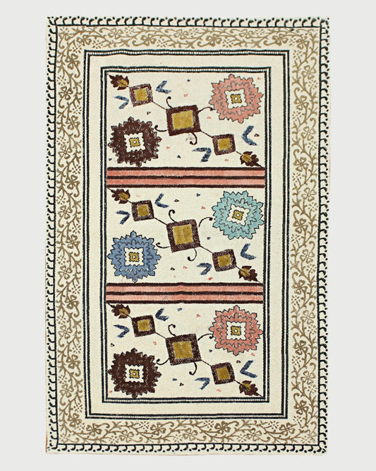 Outhouse Hand Block Printed Beige Brown Cotton Dhurrie