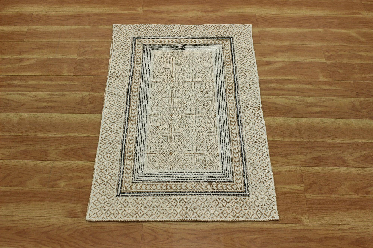 Rectangle Beige Brown Hand Block Printed Cotton Dhurrie