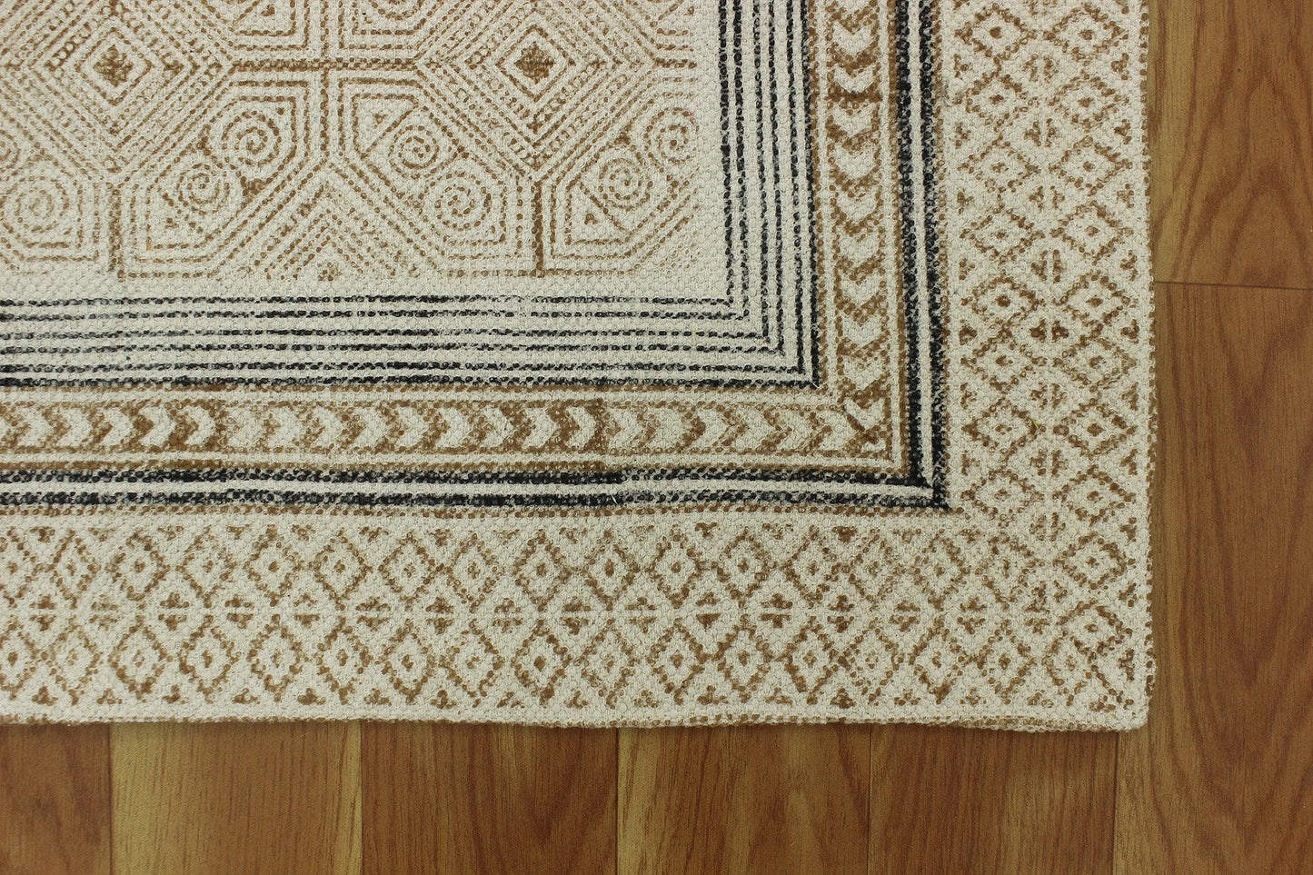 Rectangle Beige Brown Hand Block Printed Cotton Dhurrie