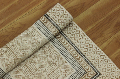 Rectangle Beige Brown Hand Block Printed Cotton Dhurrie