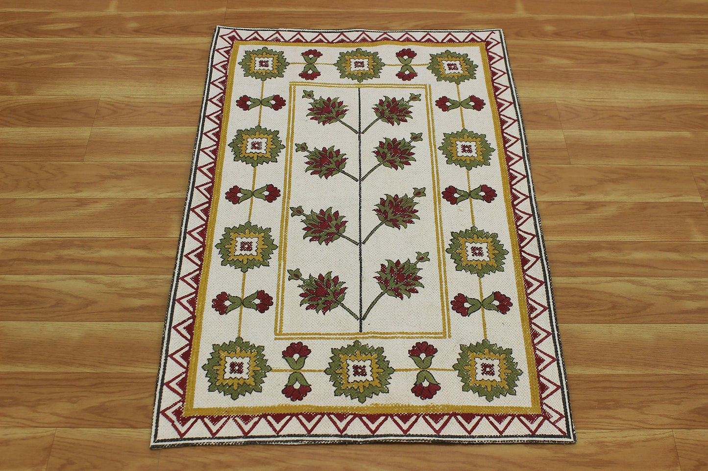 Brown Beige Hand Block Outhouse Decor Cotton Dhurrie