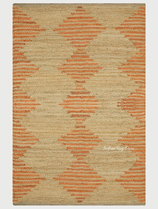 Indian Hand Woven Beige Orange Outdoor Jute Rug