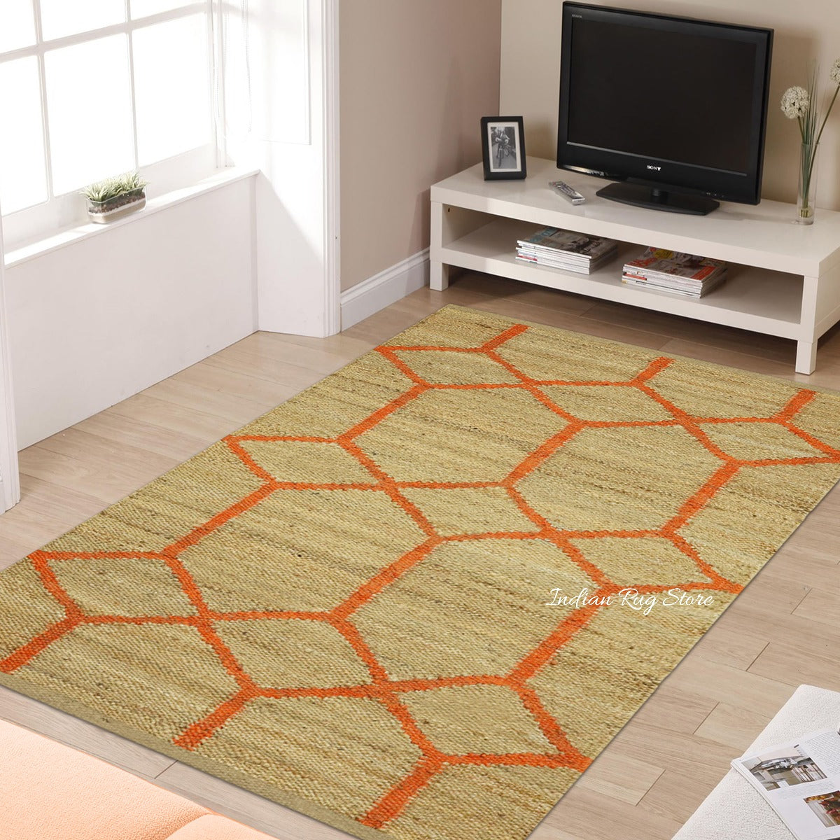 Hand Woven Oriental Beige Orange Entrance Jute Rug