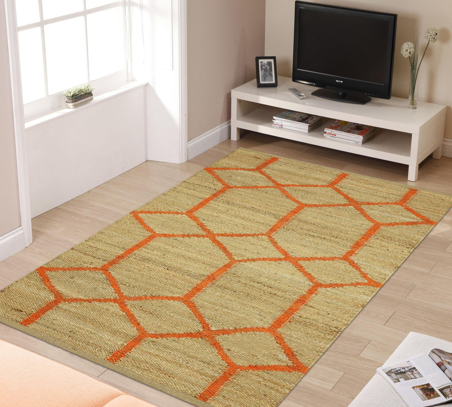 Hand Woven Oriental Beige Orange Entrance Jute Rug