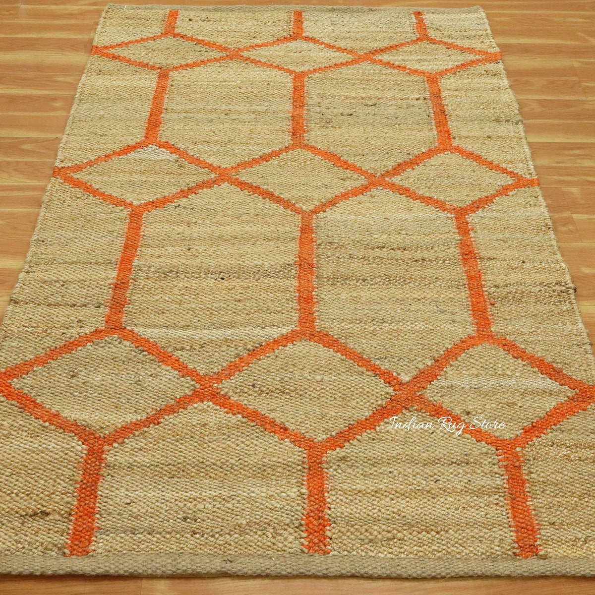 Hand Woven Oriental Beige Orange Entrance Jute Rug