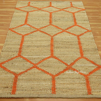 Alfombra oriental de yute tejida a mano para entrada en color beige y naranja