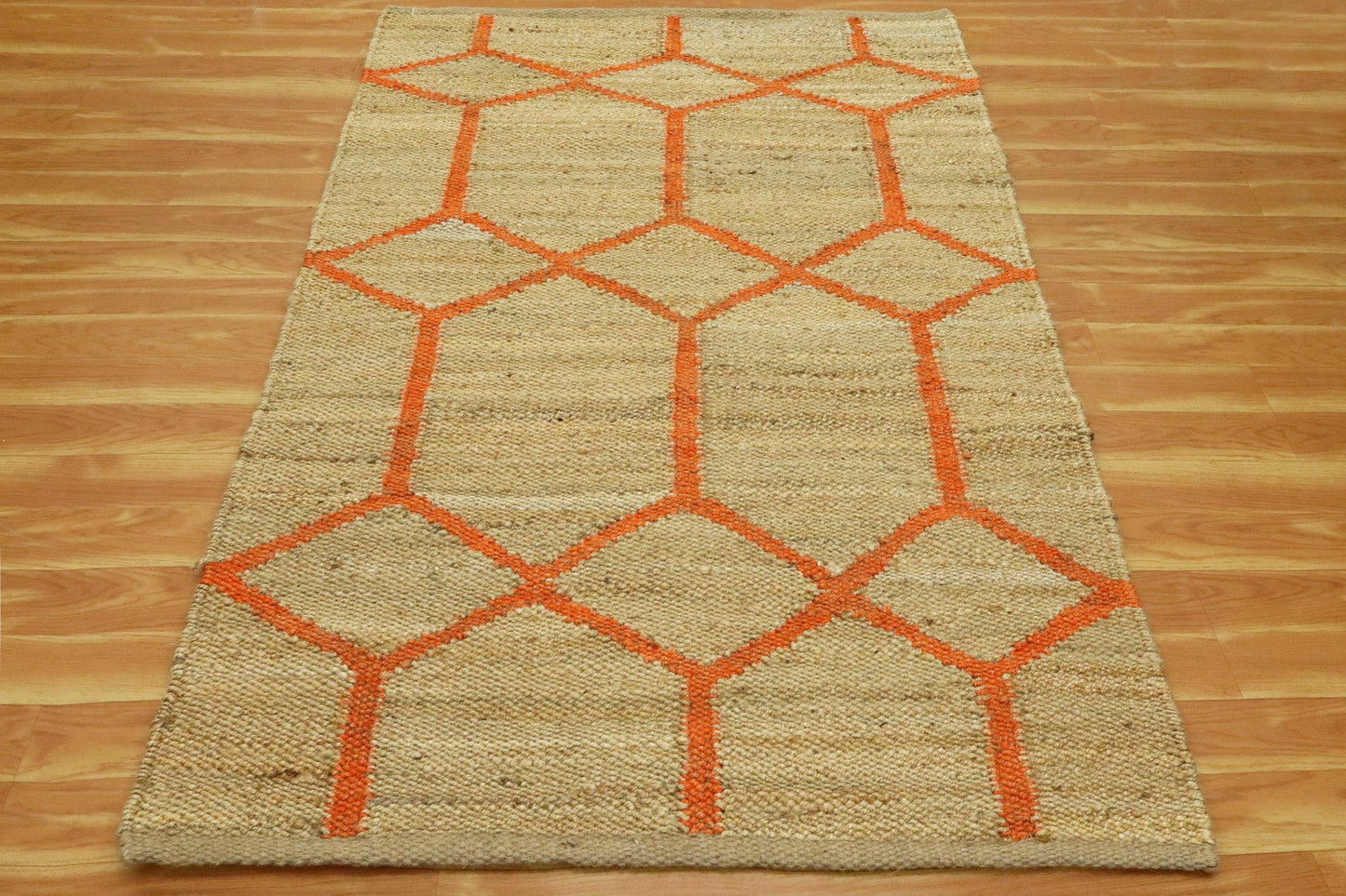 Hand Woven Oriental Beige Orange Entrance Jute Rug