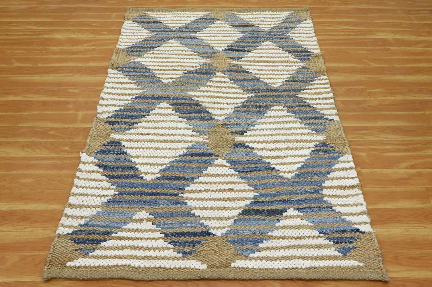 Traditional Hand Woven Blue White Sea House Jute Rug